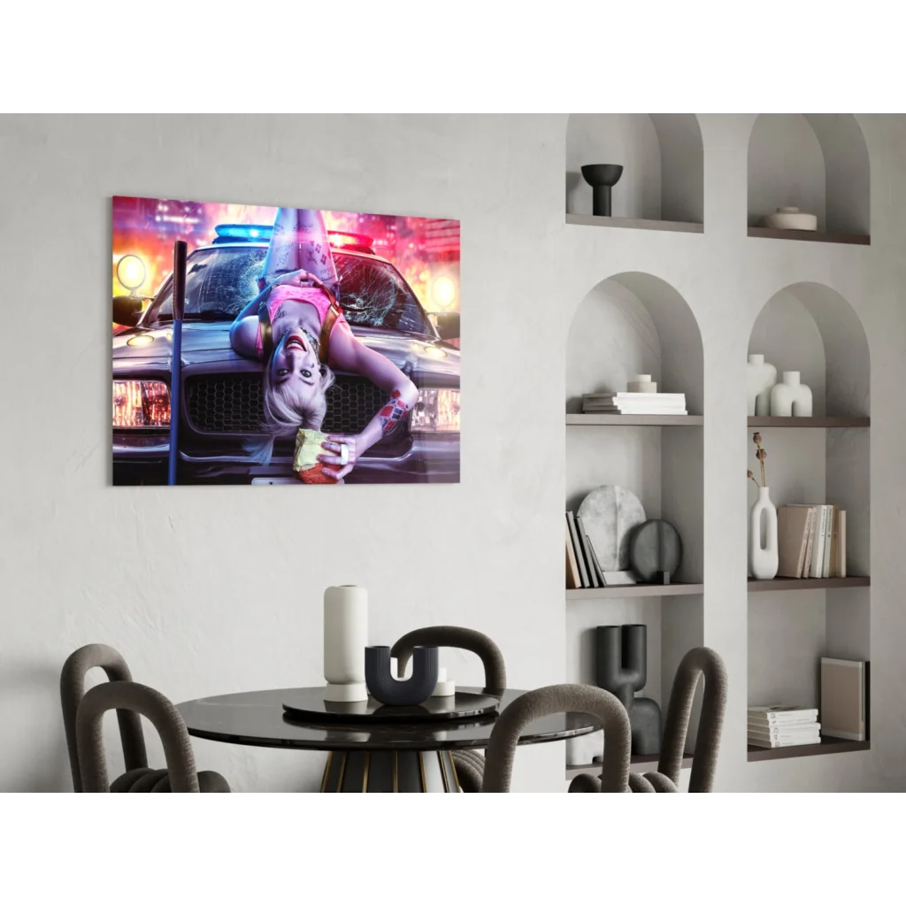 Harley Quinn neon police car shattered glass wall art canvas print