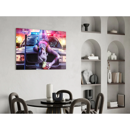 Harley Quinn neon police car shattered glass wall art canvas print