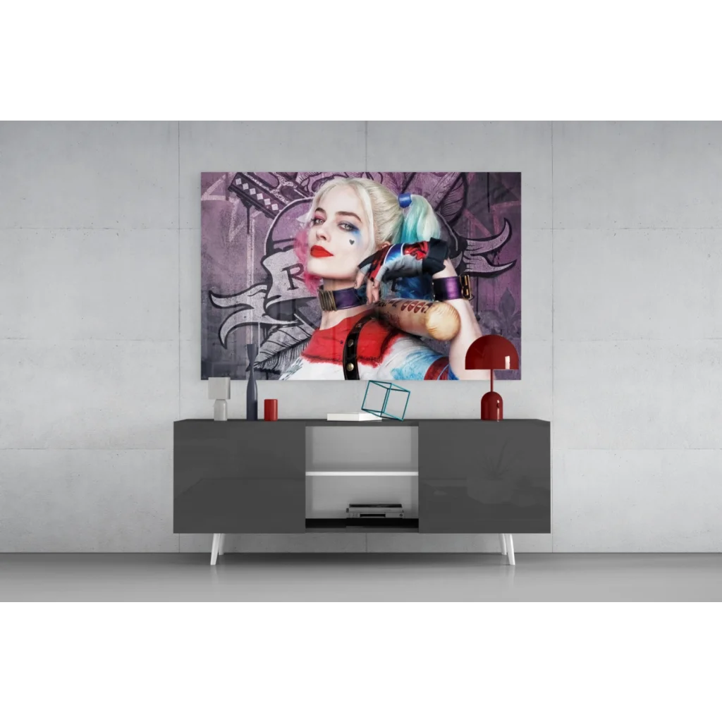 Vibrant graffiti Harley Quinn canvas wall art with red lips and blue hair