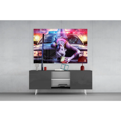 Harley Quinn neon shattered glass wall art on police car