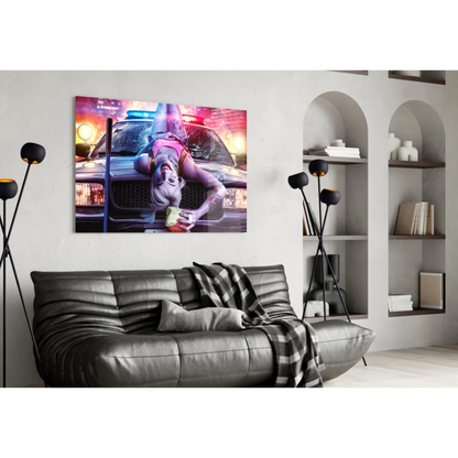 Harley Quinn Neon Police Car Shattered Glass Wall Art Canvas Print | Contemporary Home Wall Art | vintageantiquesgifts.com