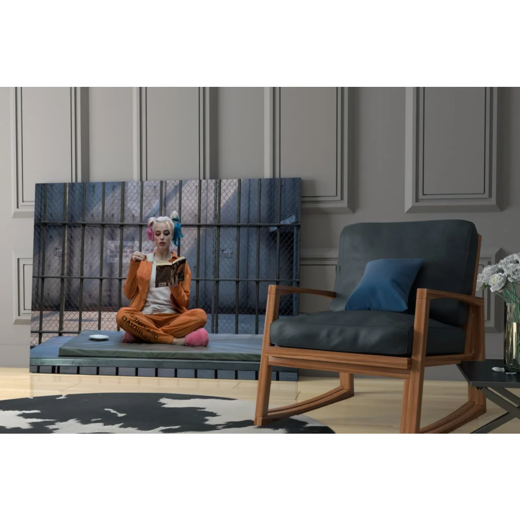 Sleek Harley Quinn prison jumpsuit wall art print with rocking chair
