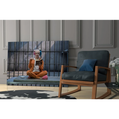Sleek Harley Quinn prison jumpsuit wall art print with rocking chair