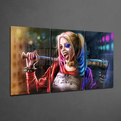 Harley Quinn Canvas Wall Art Three Panel Bat Scene | Glass Wall Art Print | vintageantiquesgifts.com