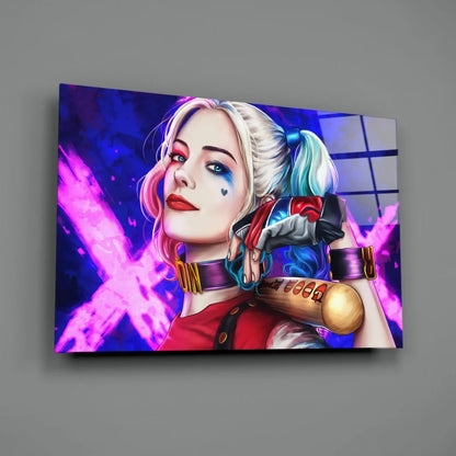 Vibrant Harley Quinn wall art print with teal blonde hair and cosmic baton