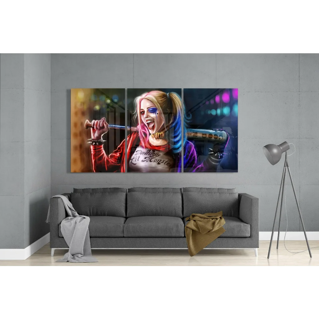 Harley Quinn Canvas Wall Art Three Panel Bat Scene | Modern Wall Art Decor | vintageantiquesgifts.com