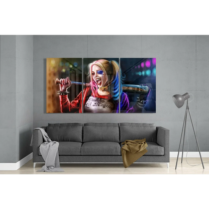 Harley Quinn Canvas Wall Art Three Panel Bat Scene | Modern Wall Art Decor | vintageantiquesgifts.com