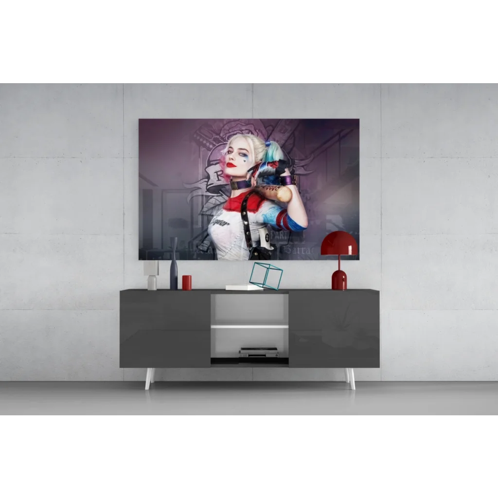 Vibrant Harley Quinn canvas wall art print in red white blue costume