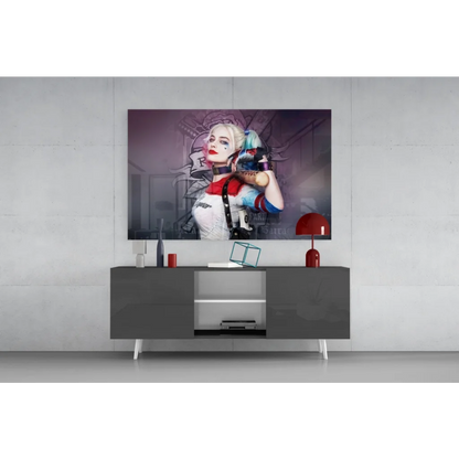 Vibrant Harley Quinn canvas wall art print in red white blue costume