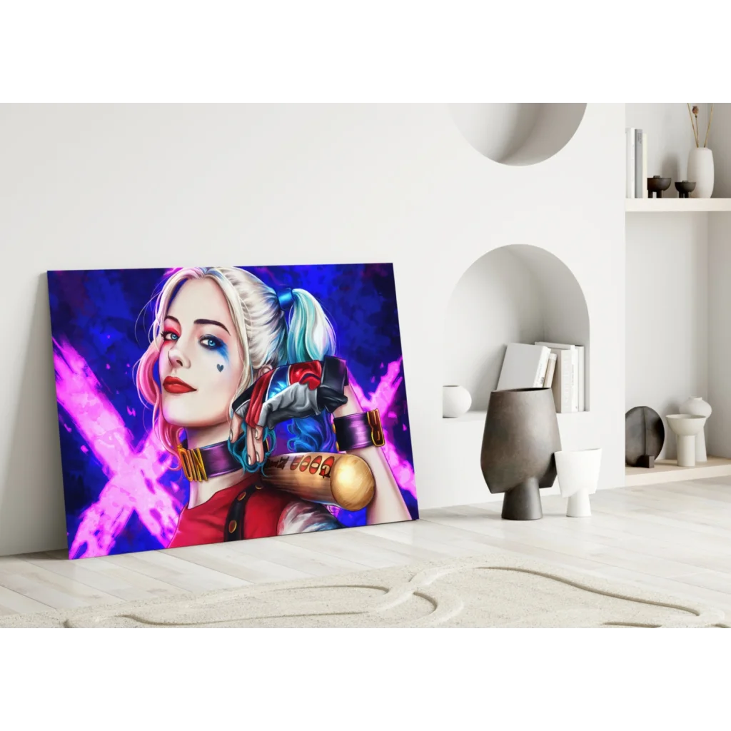 Harley Quinn cosmic baton wall art print on vibrant canvas