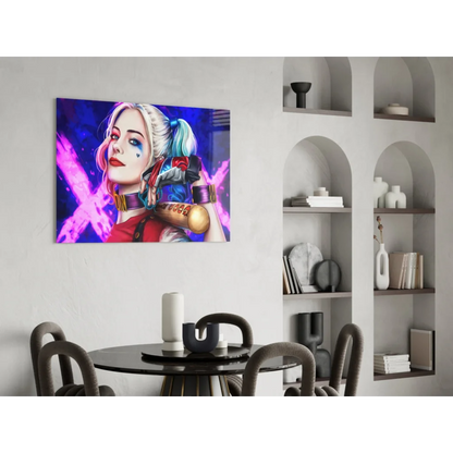 Harley Quinn cosmic baton wall art print with pink blue hair