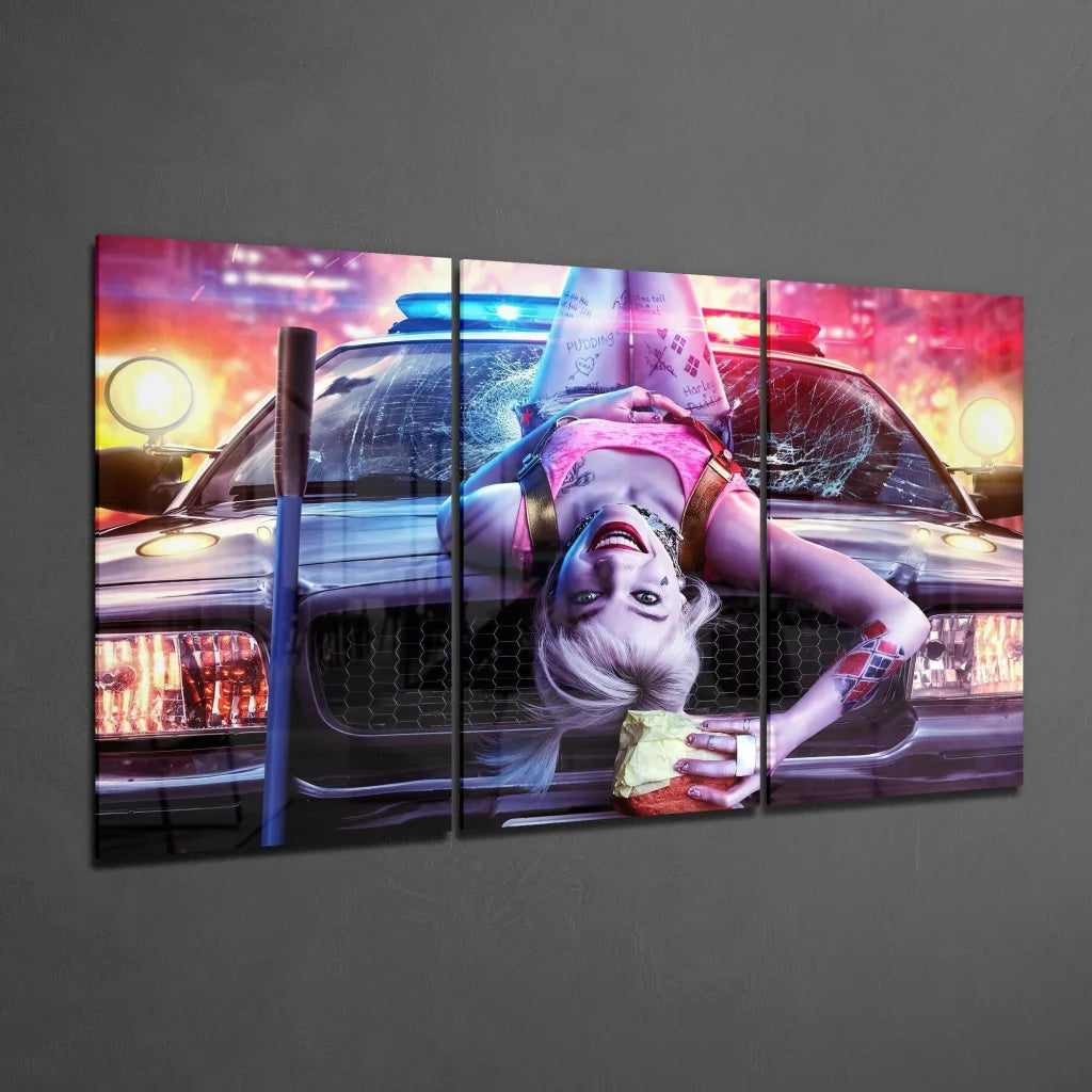 Harley Quinn Neon Police Car Glass Wall Art Three Panel Canvas | Glass Wall Art Print | vintageantiquesgifts.com