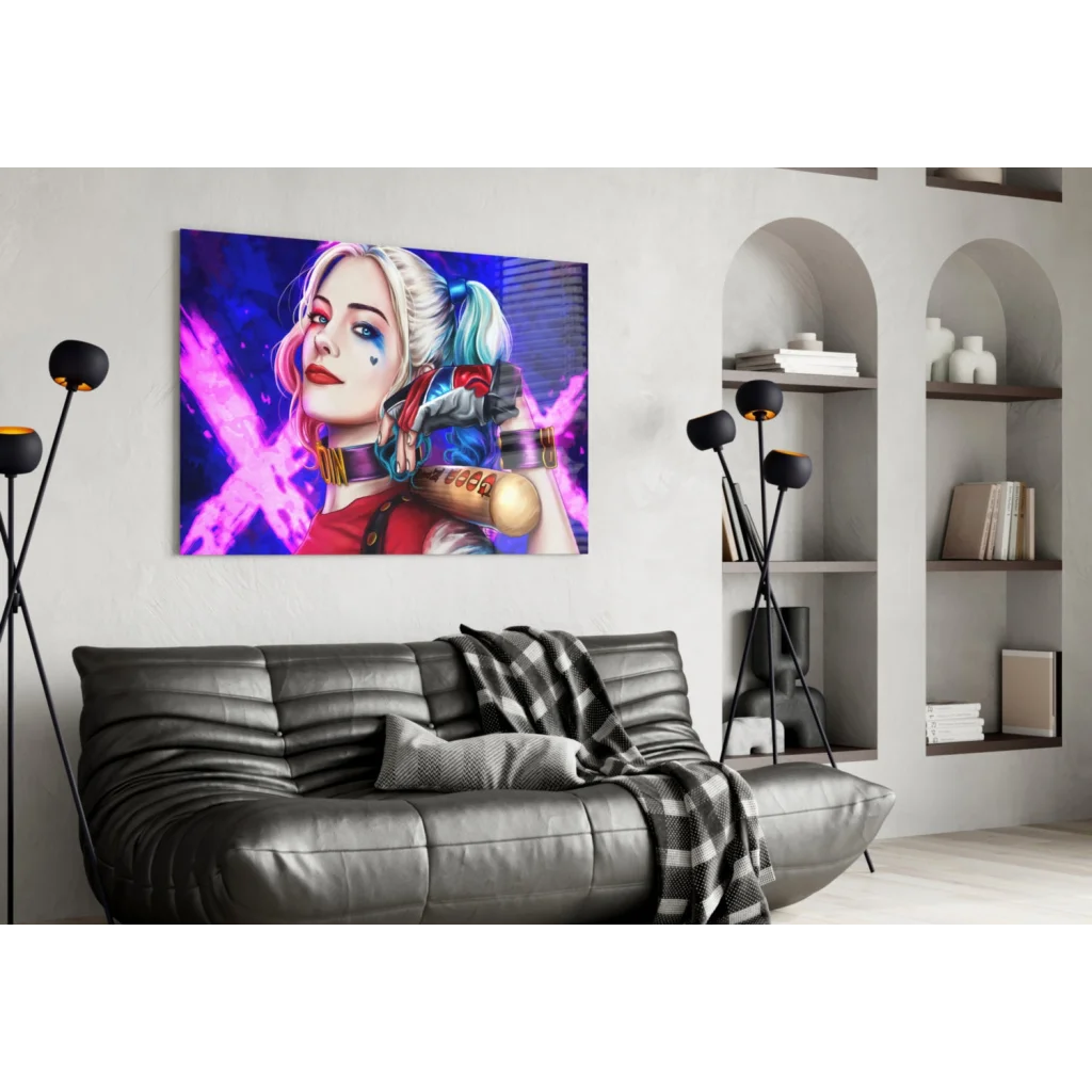 Harley Quinn cosmic baton wall art print with vibrant blonde blue hair