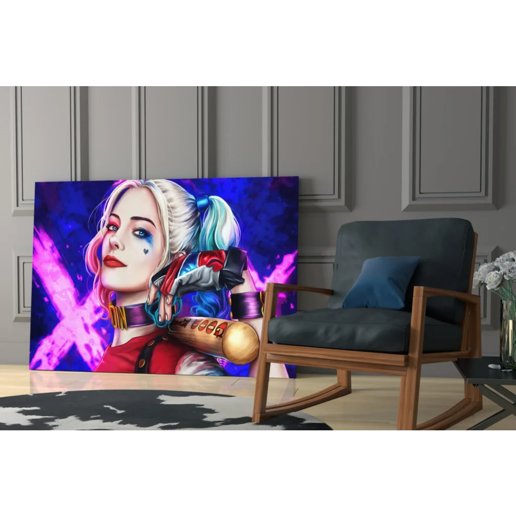 Harley Quinn cosmic baton wall art canvas print with vibrant colors