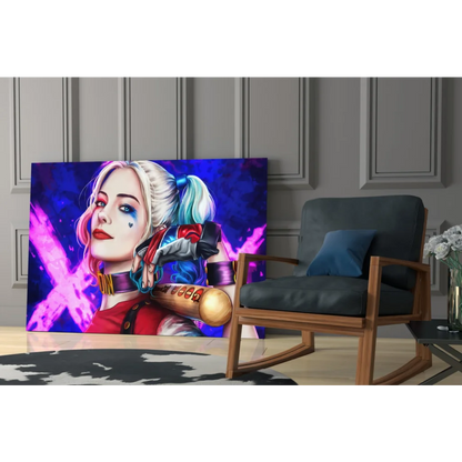Harley Quinn cosmic baton wall art canvas print with vibrant colors