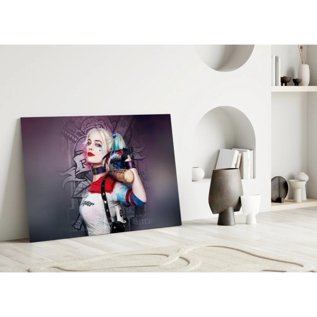 Vibrant Harley Quinn canvas wall art print in iconic costume