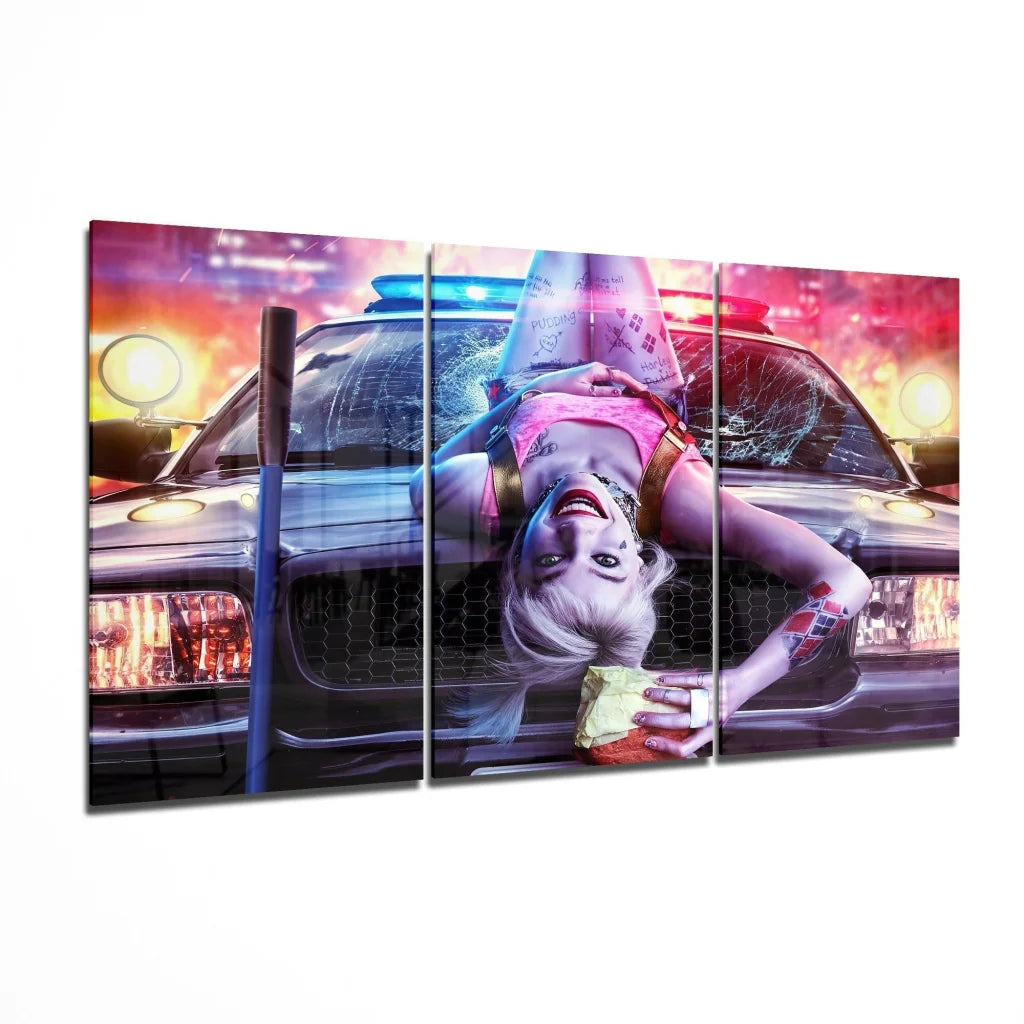 Harley Quinn Neon Police Car Glass Wall Art Three Panel Canvas | Insigneart USA | vintageantiquesgifts.com