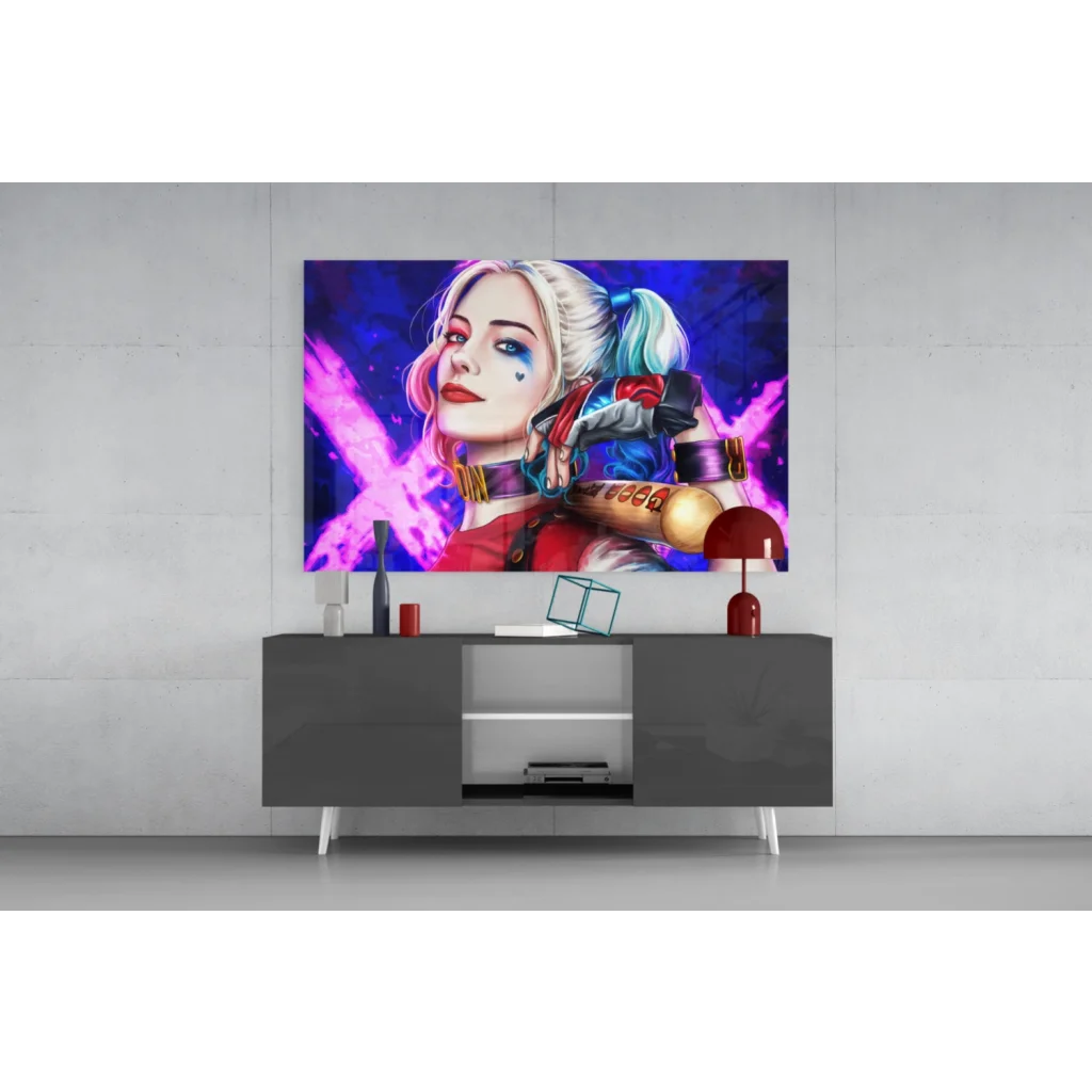 Harley Quinn cosmic baton wall art print with vibrant blonde blue hair