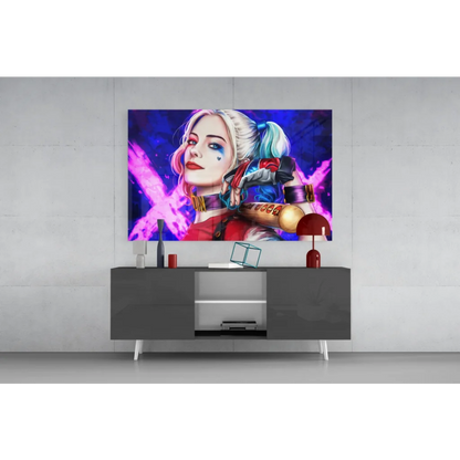 Harley Quinn cosmic baton wall art print with vibrant blonde blue hair