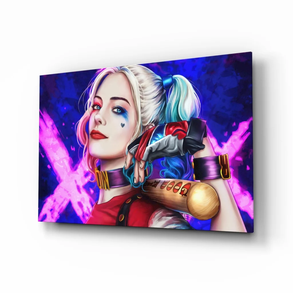 Harley Quinn cosmic baton wall art print with vibrant multicolored hair