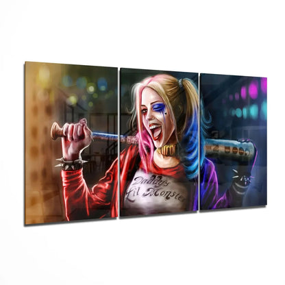 Harley Quinn Canvas Wall Art Three Panel Bat Scene | Insigneart USA | vintageantiquesgifts.com