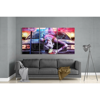 Harley Quinn Neon Police Car Glass Wall Art Three Panel Canvas | Modern Wall Art Decor | vintageantiquesgifts.com