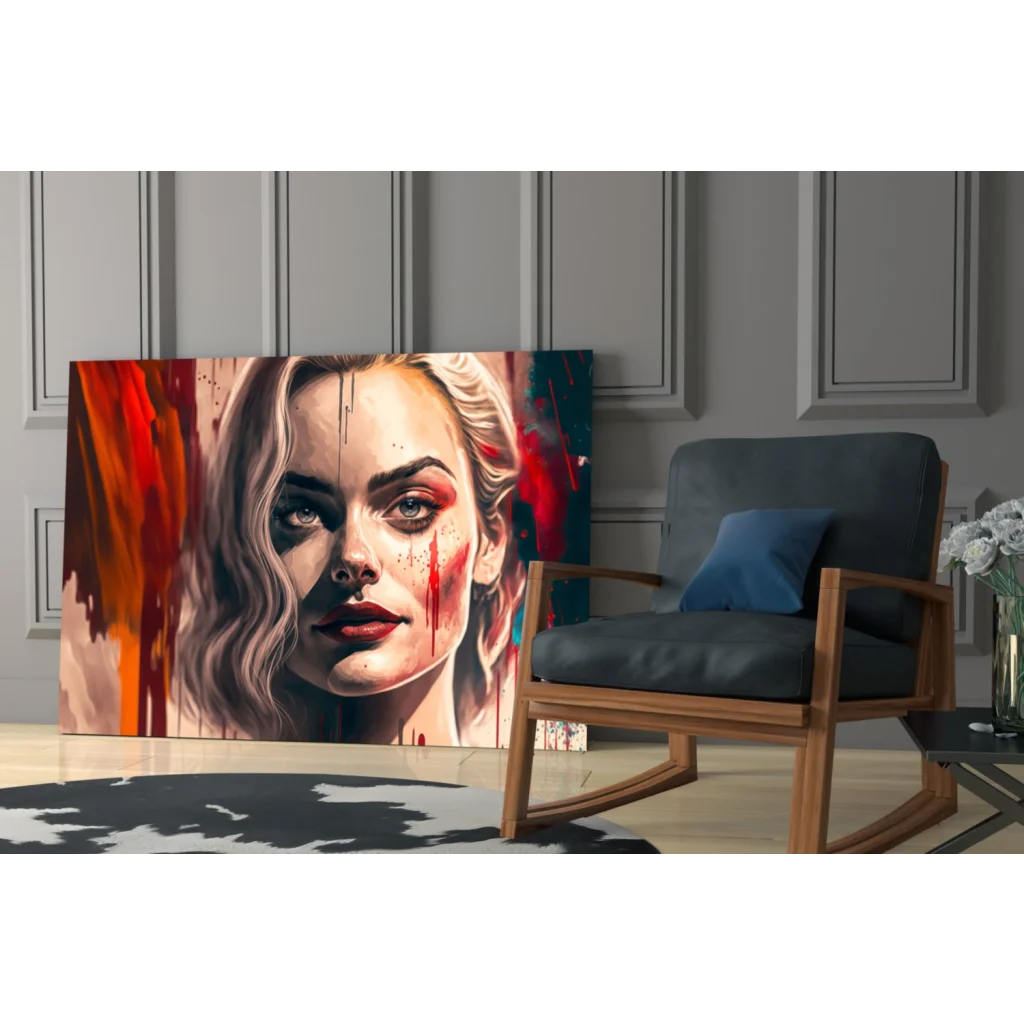 Bold blonde portrait glass wall art with red paint splashes