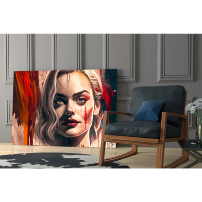 Bold blonde portrait glass wall art with red paint splashes