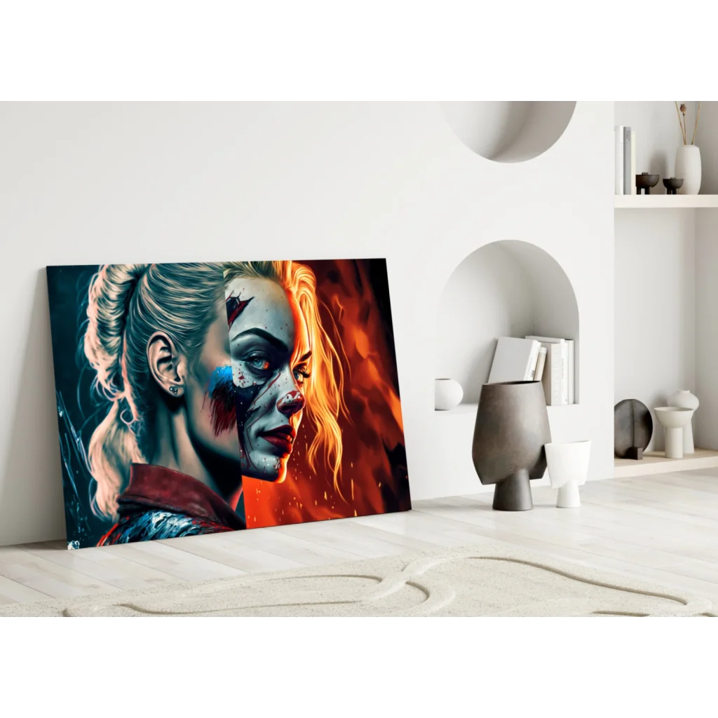 Harley Quinn Split Face Glass Wall Art Canvas Print | Modern Wall Art Decor | vintageantiquesgifts.com