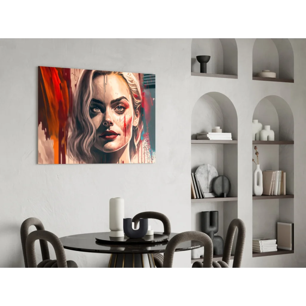 Vibrant blonde woman glass wall art with red splashes on orange pink teal canvas