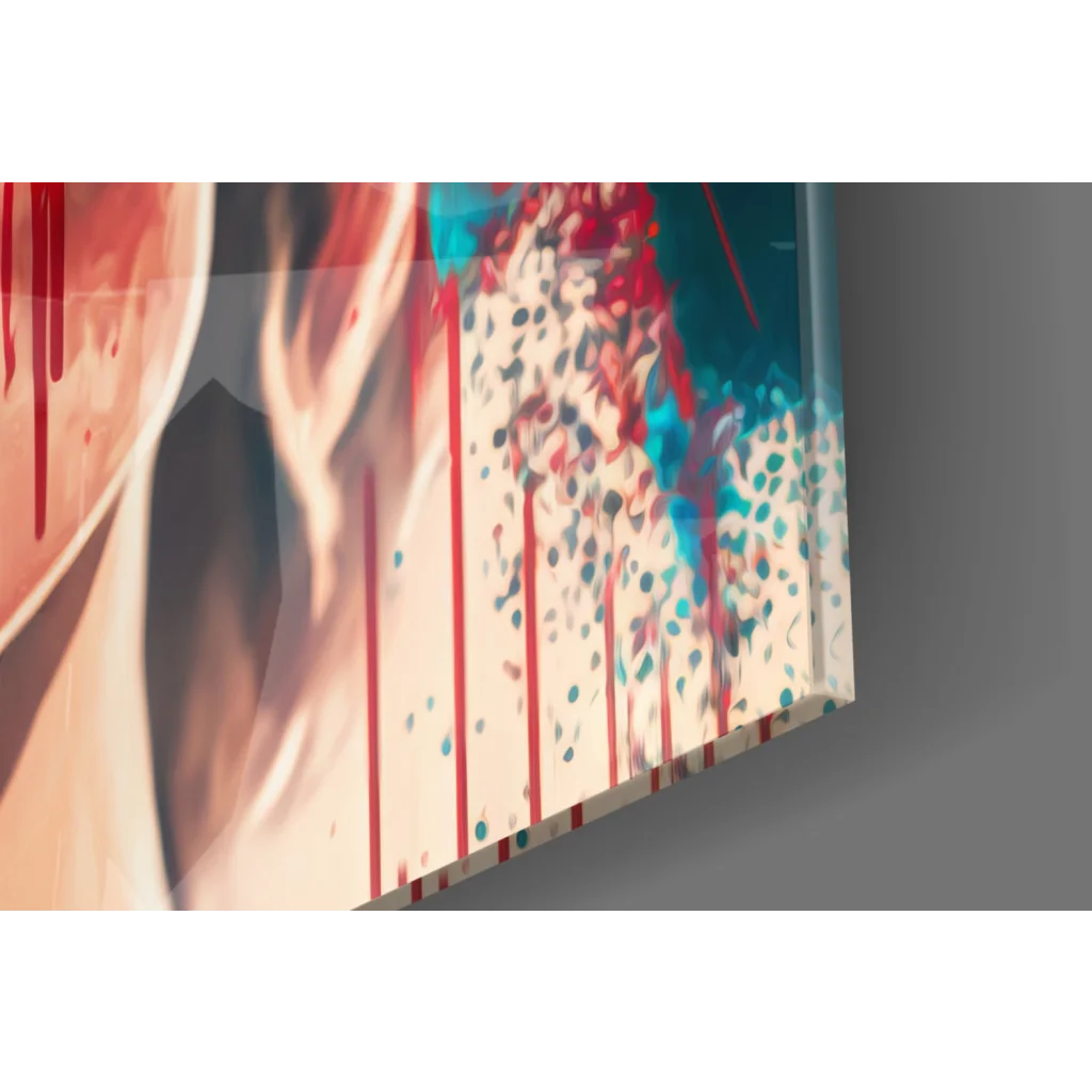 Bold blonde portrait glass wall art with red paint splashes