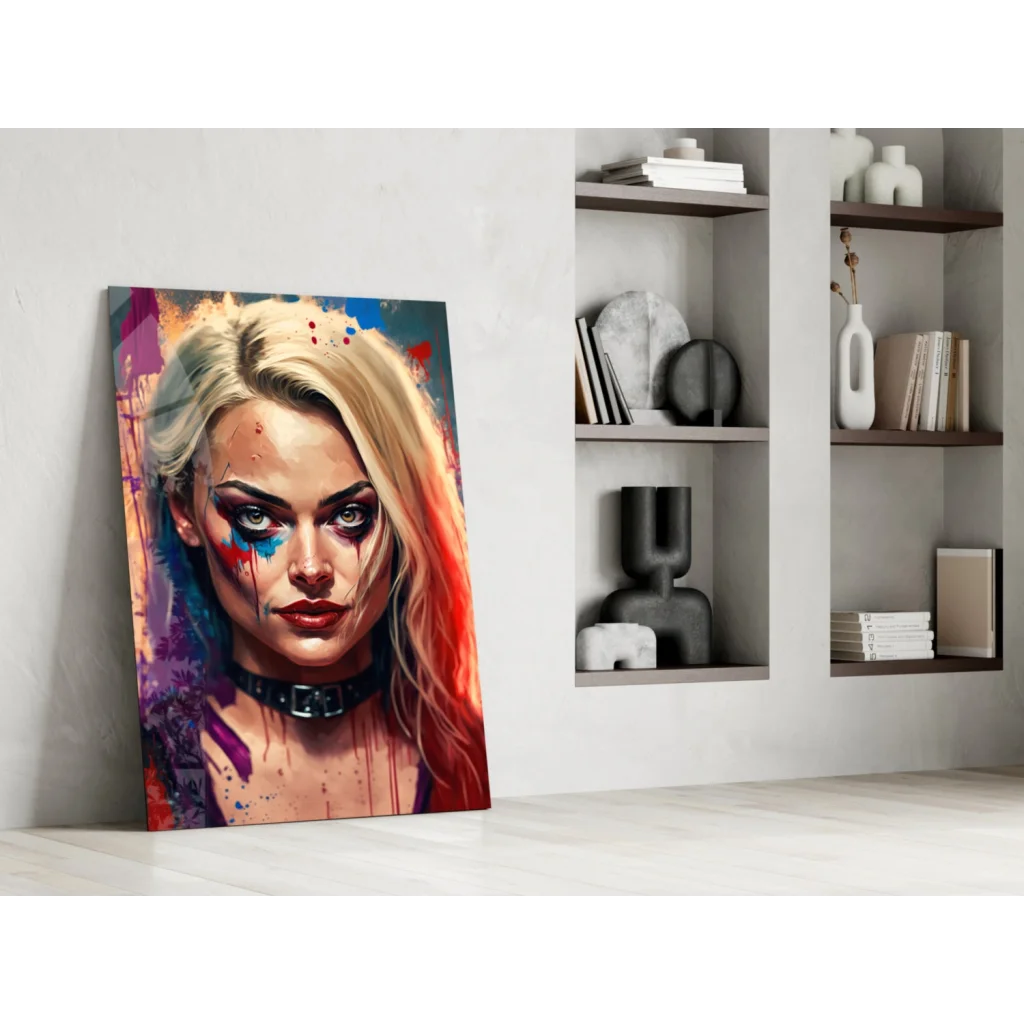 Harley Quinn splatter paint canvas wall art with blonde hair