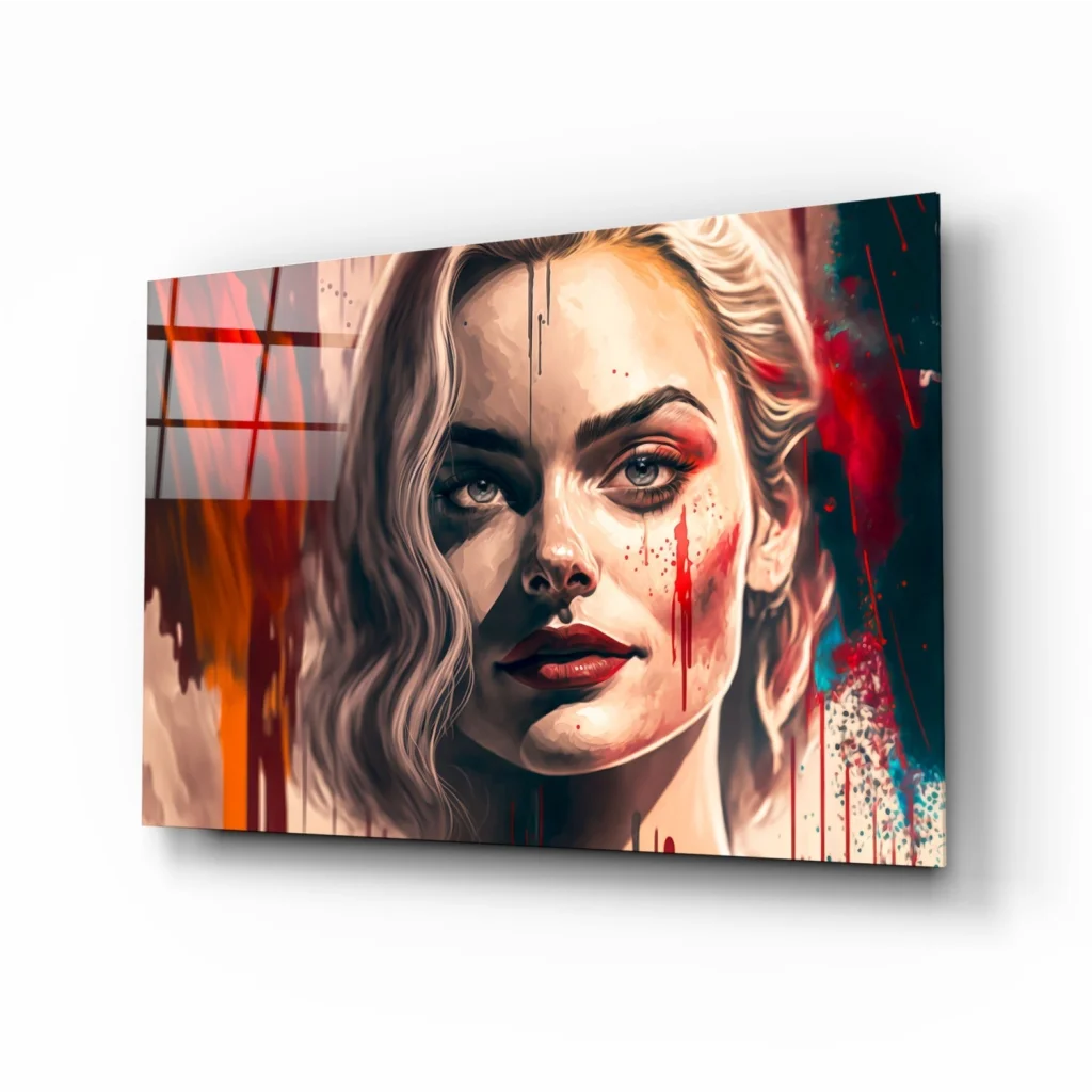 Stylized blonde woman portrait on glass wall art with red paint splashes