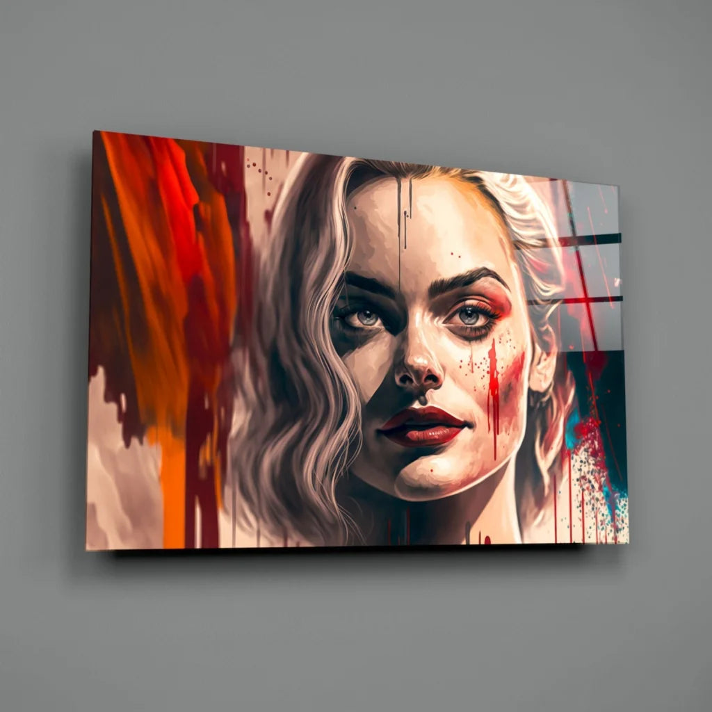 Bold blonde portrait glass wall art with red paint splashes