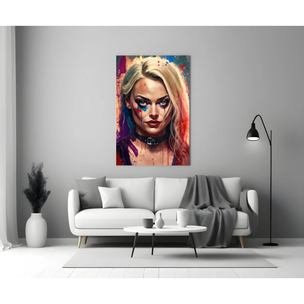 Harley Quinn splatter paint canvas wall art with blonde woman