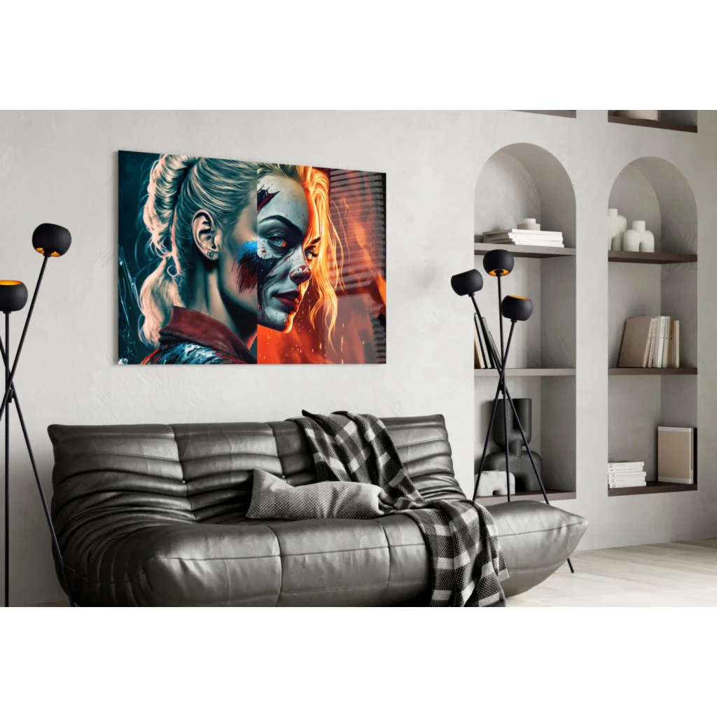 Harley Quinn Split Face Glass Wall Art Canvas Print | Contemporary Home Wall Art | vintageantiquesgifts.com