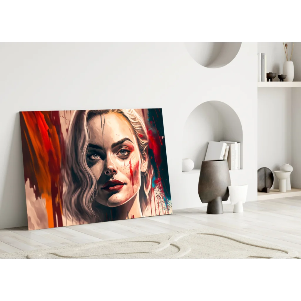 Bold blonde portrait glass wall art with red paint splashes