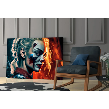 Harley Quinn split face glass wall art canvas print in blue and orange tones