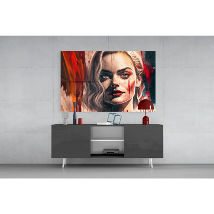 Vibrant blonde woman portrait glass wall art with red paint splashes