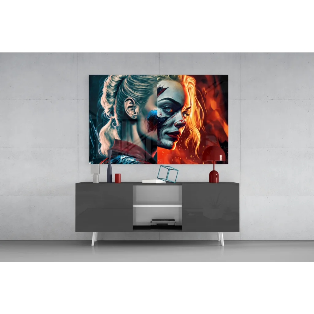 Harley Quinn split face glass wall art canvas print in vibrant tones