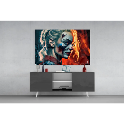 Harley Quinn split face glass wall art canvas print in vibrant tones