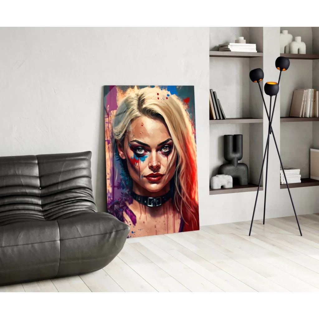 Vibrant Harley Quinn splatter paint canvas wall art in purple, blue, red