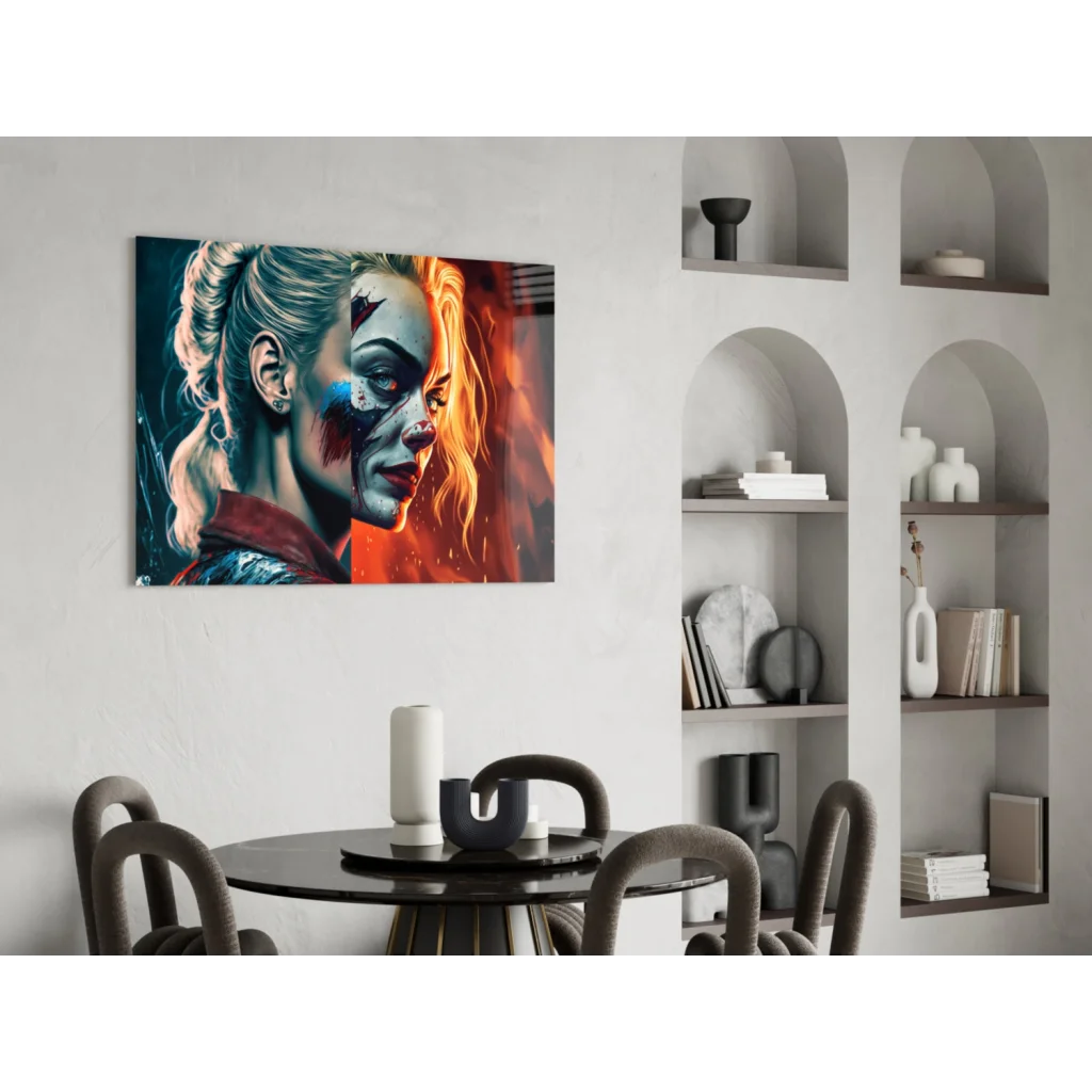 Harley Quinn split face glass wall art with vibrant blue red paint
