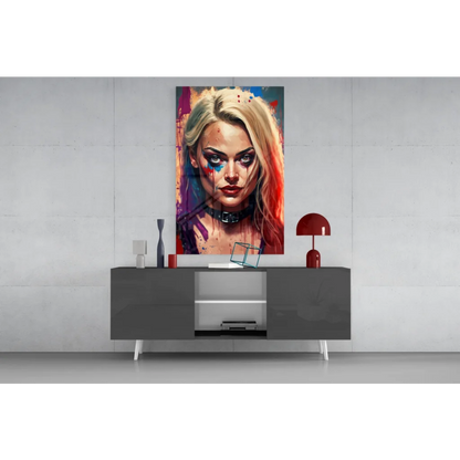 Vibrant Harley Quinn splatter paint canvas wall art portrait