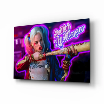 Harley Quinn neon glass wall art canvas print with bat and daddys lil monster text