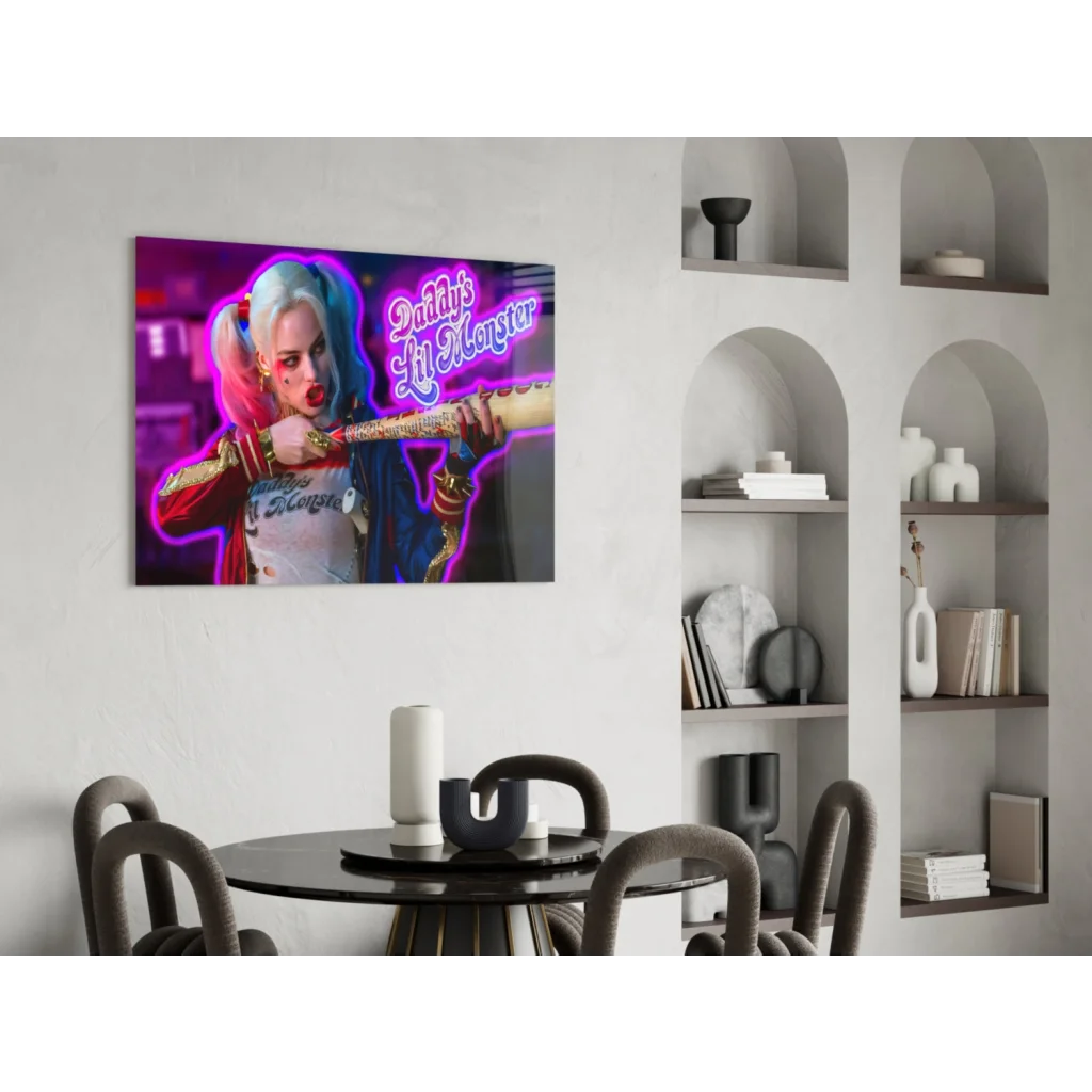 Vibrant neon Harley Quinn glass wall art canvas print with pigtails
