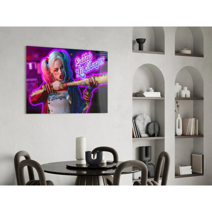 Vibrant neon Harley Quinn glass wall art canvas print with pigtails