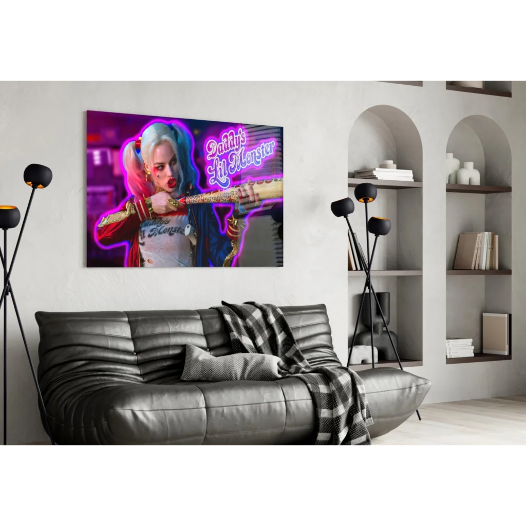 Harley Quinn neon glass wall art canvas print with vibrant pink purple frame
