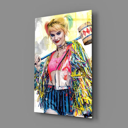 Vibrant Harley Quinn canvas wall art with mallet and rainbow pigtails