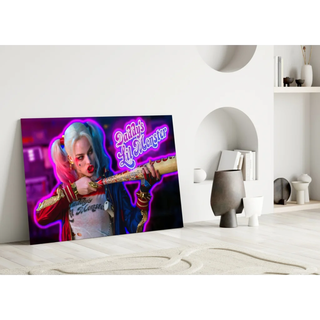 Harley Quinn neon glass wall art canvas print in pink and purple
